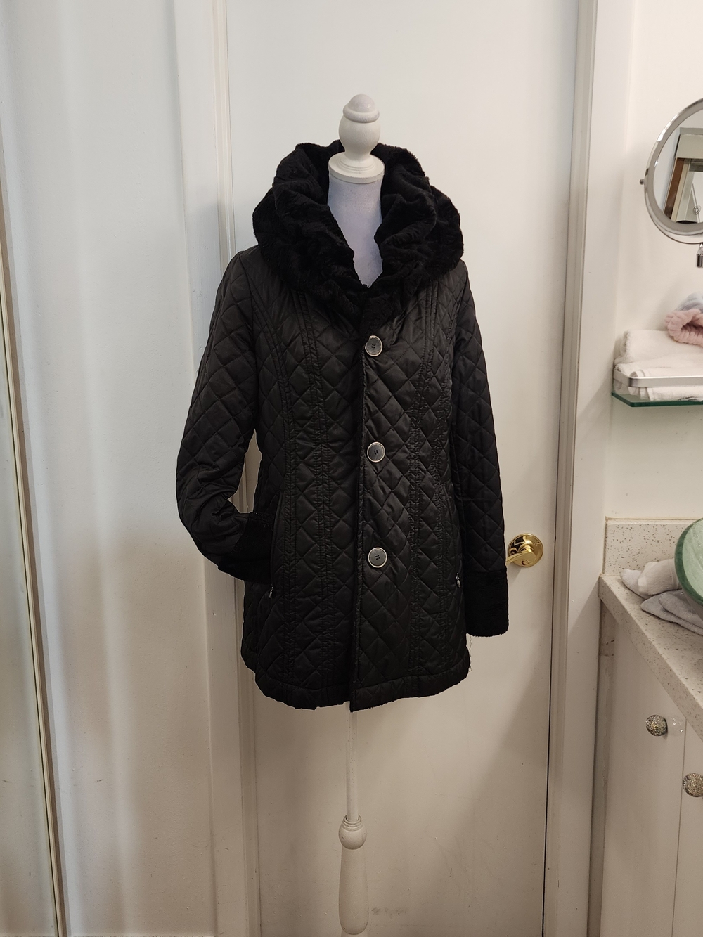 Laundry by Shelli Segal Reversible Faux Fur Quilted Coat Black Small - Picture 3 of 16
